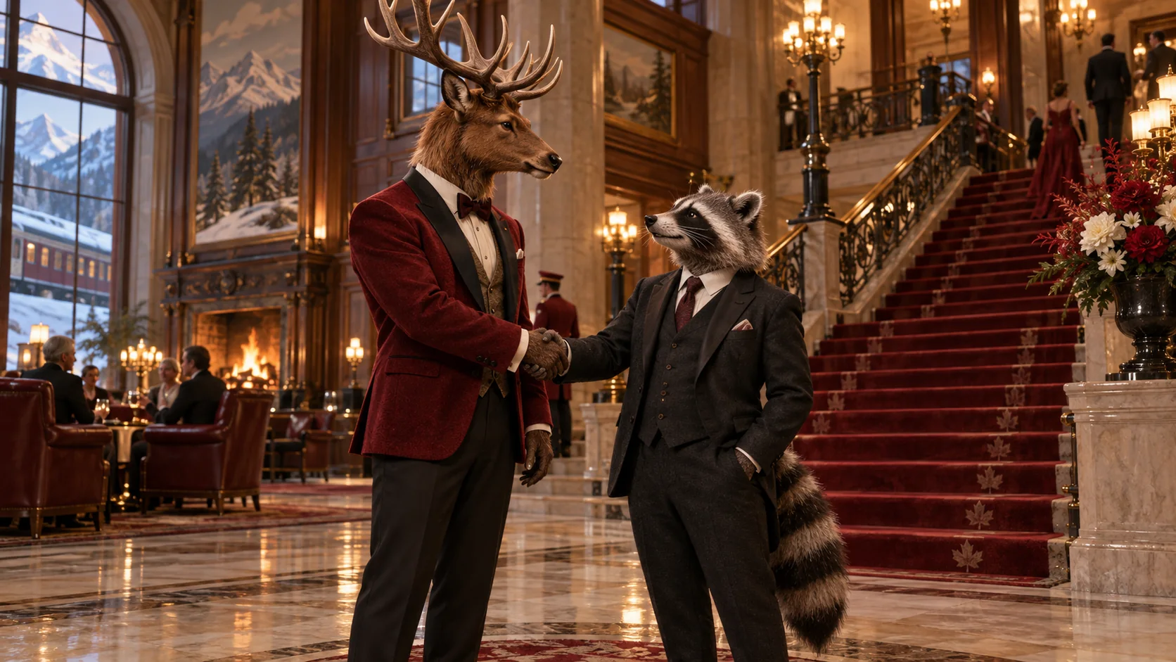 Bizzo Casino characters greeting each other beside a grand staircase.